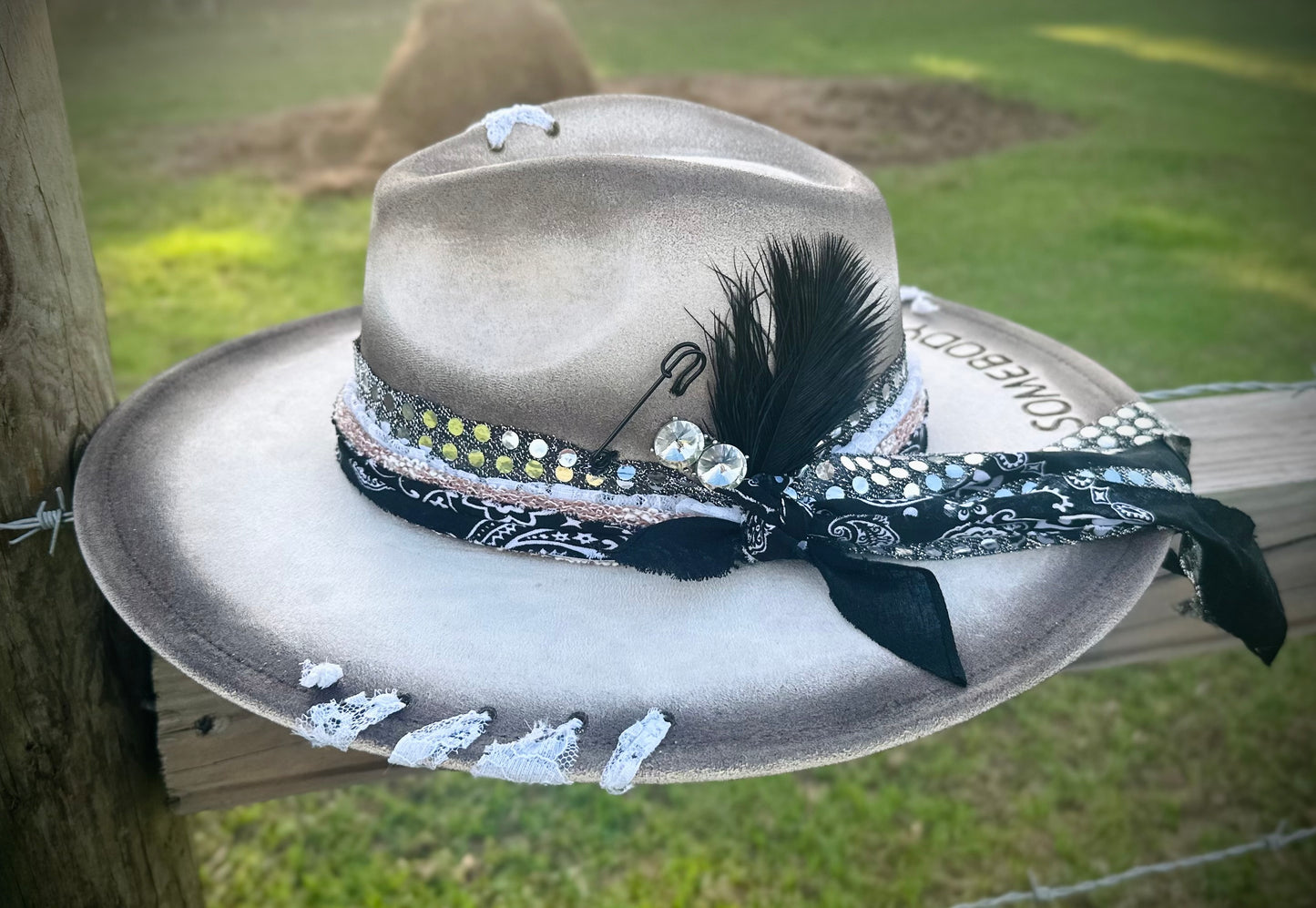 Beautiful Beige Painted and Distressed Large Brim Suede Hat