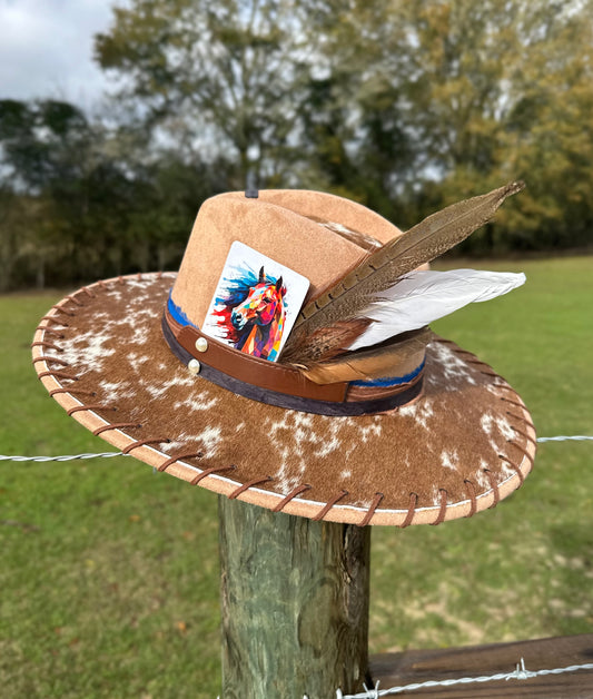 Authentic Cowhide Hand-burnt Large Brim Suede Hat
