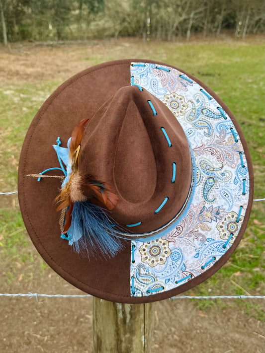Blue Paisley - Chocolate Suede Large Brim Hat