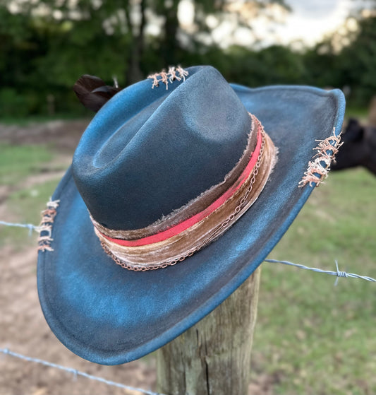 Paint Distressed Blue Suede Hat