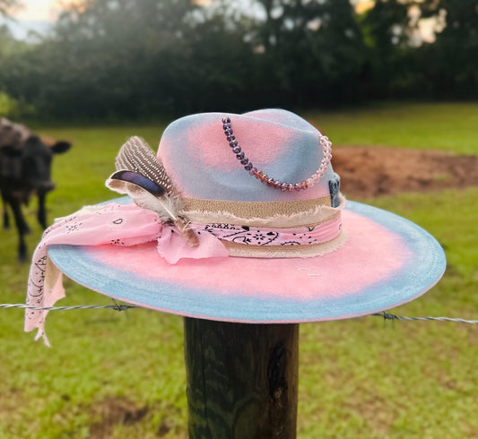 Cotton Candy Cowgirl - Paint Distressed Large Brim Suede Hat